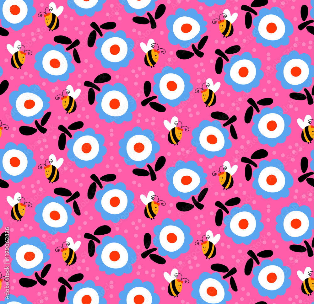 abstract bold flowers and bees kids seamless pattern in pink blue yellow, vector illustration repeat design abstract bold flowers and bees kids seamless pattern in pink blue yellow, vector illustration repeat design