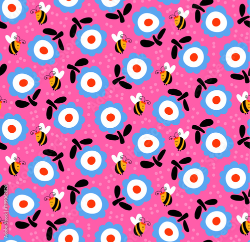 abstract bold flowers and bees kids seamless pattern in pink blue yellow, vector illustration repeat design