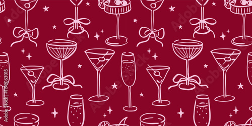Seamless pattern with various alcohol drinks. Hand drawn ink vector illustration. Elements for poster, social media, banners, invitation. Trendy coquette core template.   