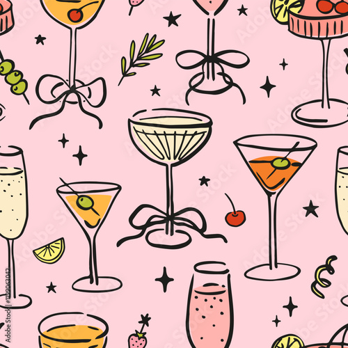Seamless pattern with various alcohol drinks. Hand drawn ink vector illustration. Elements for poster, social media, banners, invitation. Trendy coquette core template.   