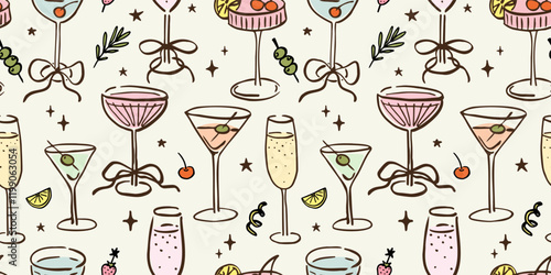 Seamless pattern with various alcohol drinks. Hand drawn ink vector illustration. Elements for poster, social media, banners, invitation. Trendy coquette core template.   