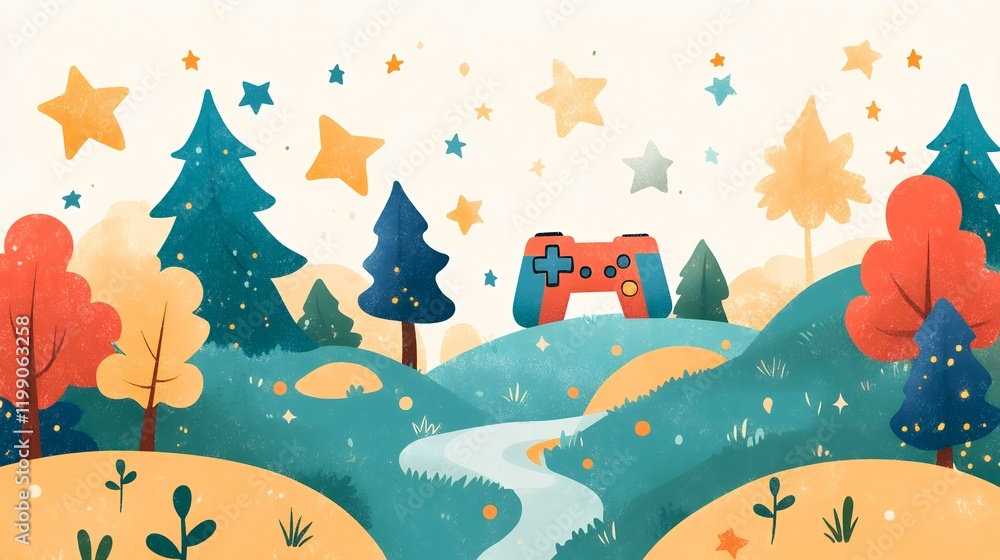 Naklejka premium Game controller in autumnal landscape, stars, whimsical illustration, website header
