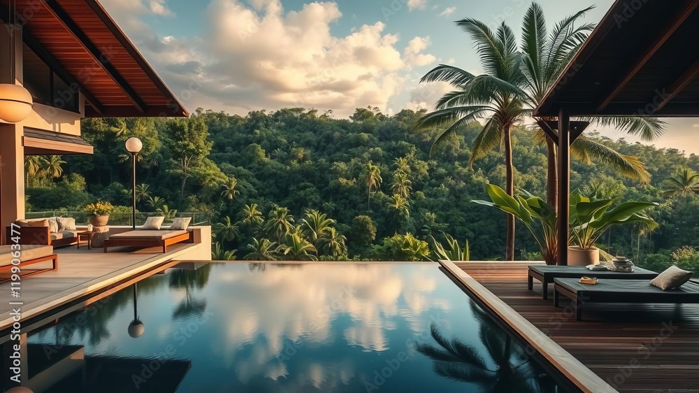 Obraz premium Luxurious modern home with infinity pool overlooking lush jungle, dream, contemporary