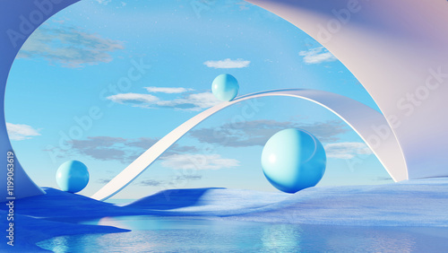 Fototapeta Naklejka Na Ścianę i Meble -  3D render, Futuristic blue landscape with glossy spheres and curved white structures under a bright sky.