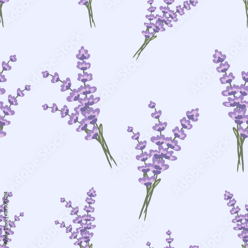 Hand drawn seamless pattern featuring lavender flowers on a light purple background