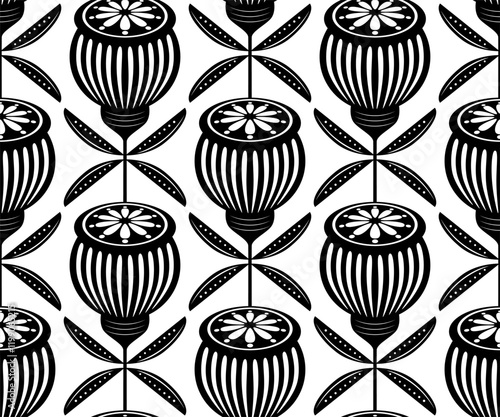 retro art deco mid century modern mid mod style poppy pods plant flower blooms in black  and white colors seamless pattern