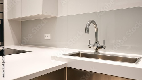 Modern chrome kitchen tap and sink with glossy finish, adding sophistication and practicality to kitchen space, modern, glossy photo