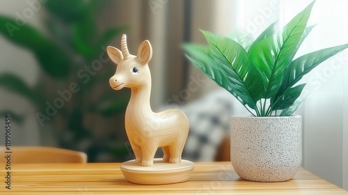 A charming unicorn figurine in a light wooden color stands next to a potted green plant on a wooden surface, illuminated by natural light in a warm, inviting space photo