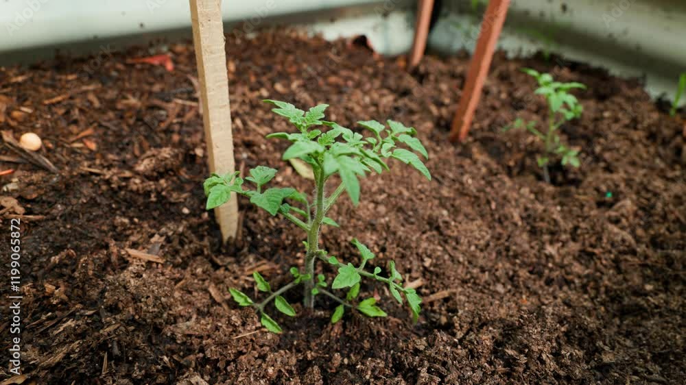 A row of young cherry tomato plants growing in rich soil in a backyard vegetable garden. Perfect for organic gardening and fresh produce visuals. A row of young cherry tomato plants growing in rich soil in a backyard vegetable garden. Perfect for organic gardening and fresh produce visuals.