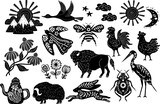 scandi nordic nature flower sun animals birds block print style black and white folk art illustration set