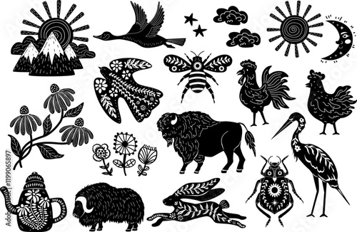 scandi nordic nature flower sun animals birds block print style black and white folk art illustration set