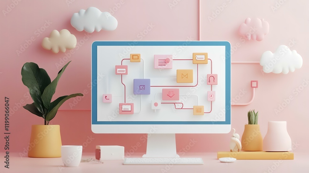 Pastel desktop showing email workflow, pink background, cute decor, marketing concept Pastel desktop showing email workflow, pink background, cute decor, marketing concept
