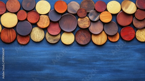 Wallpaper Mural Various wooden coasters in different shapes and colors are creatively arranged against a deep blue background. This vibrant composition adds a unique touch to any space Torontodigital.ca