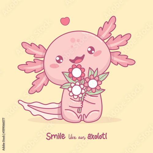 Cute smiling Axolotl with bouquet of flowers. Funny festive little cartoon kawaii animal character. Vector illustration. Holiday postcard. Kids collection