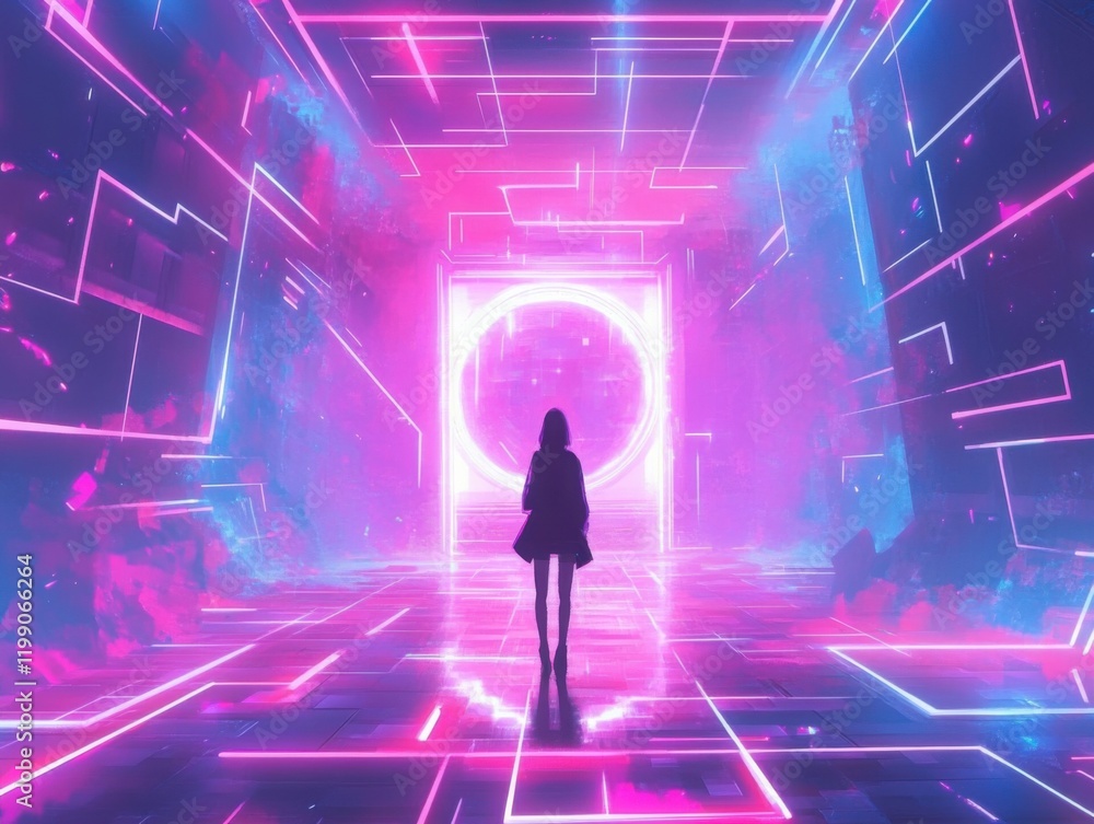 Digital realm with endless neon grids, abstract shapes, and a glowing portal leading to another dimension Digital realm with endless neon grids, abstract shapes, and a glowing portal leading to another dimension