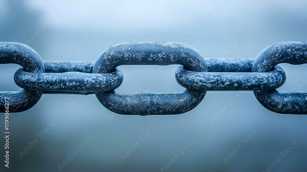 Frozen Metal Chain Link Outdoors, Blurry Background, Security Concept Frozen Metal Chain Link Outdoors, Blurry Background, Security Concept