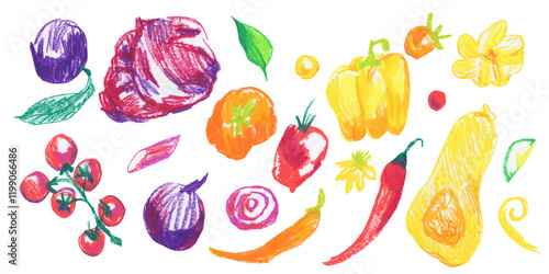 Clip art of brightly colored vegetables drawn with wax crayons on white isolated background. Kids food collection of oil pastel illustrations.