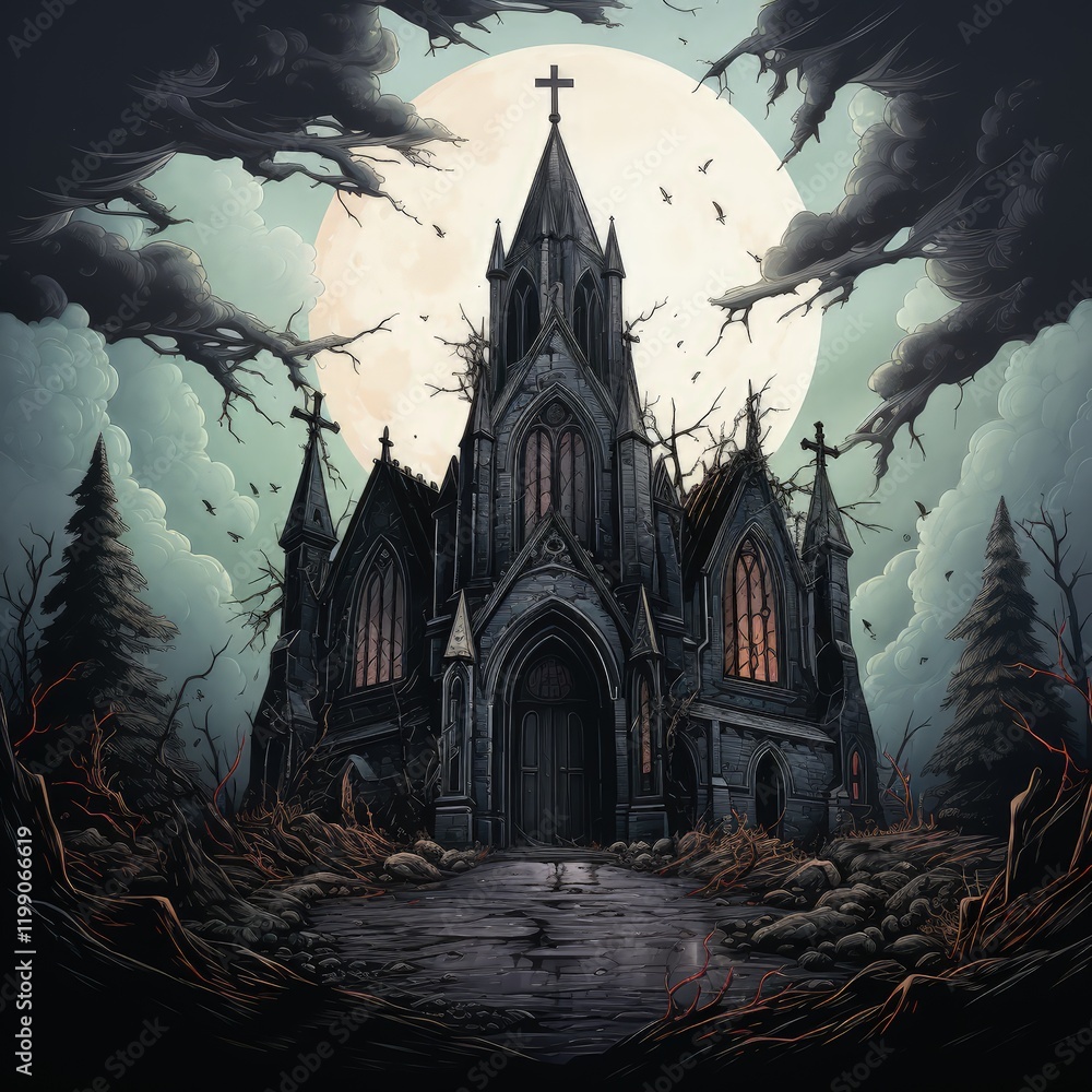 Obraz premium Timeless Gothic Beauty Captured in a Woodblock Print