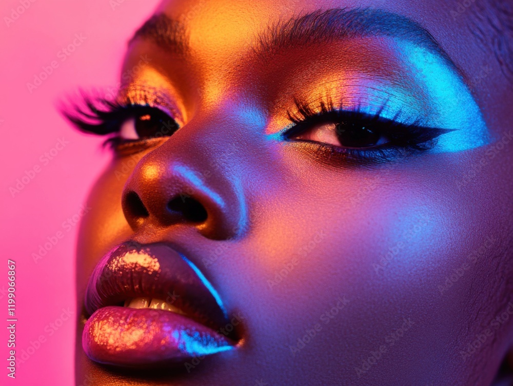 Fototapeta premium Energetic close-up of a face with bold makeup and vibrant colors, glowing skin under dramatic light