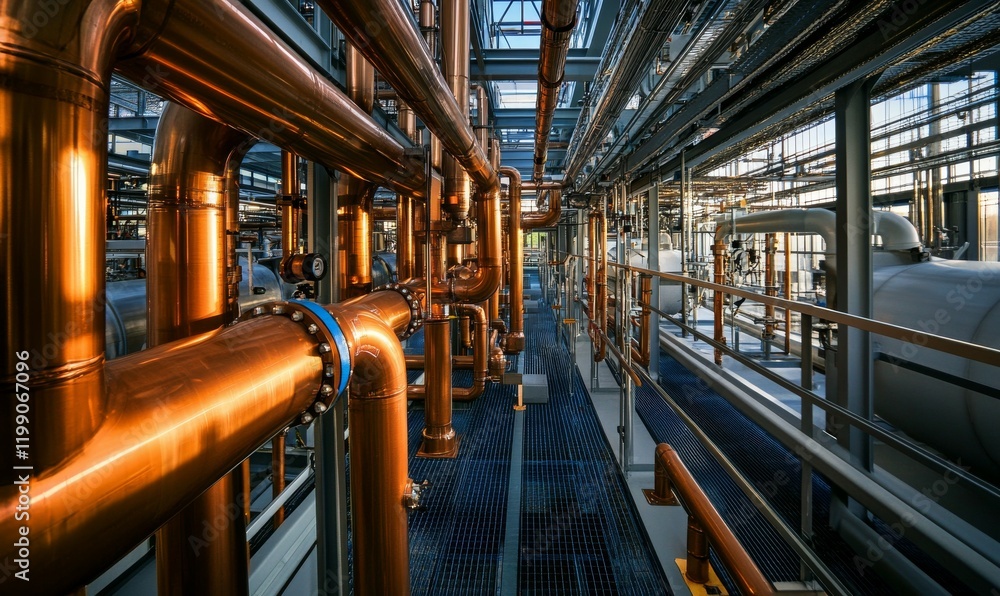 Fototapeta premium Efficiency Upgrade: Neatly Arranged Copper Pipes with Fresh Insulation Installation in Brightly Lit Commercial Building