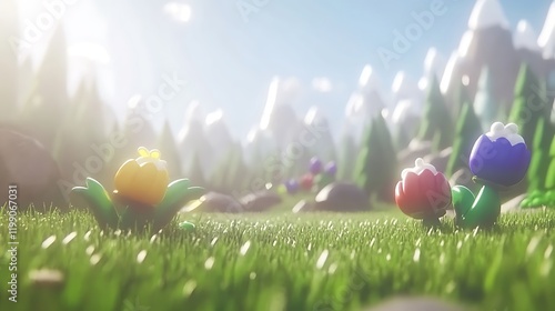 Fototapeta Naklejka Na Ścianę i Meble -  A serene garden scene featuring peonies of various shades, surrounded by lush greenery and softly glowing accents