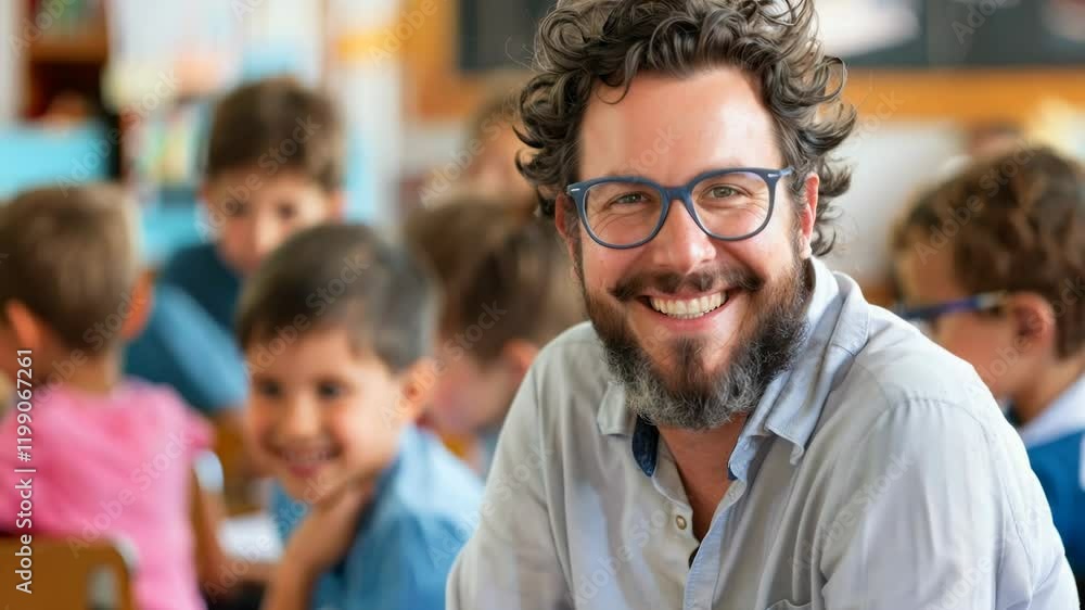 A smiling teacher stands in front of the class
A smiling teacher stands in front of the class