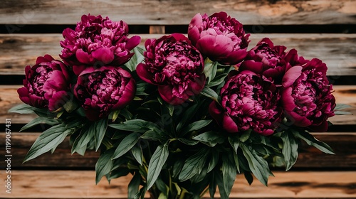 Fototapeta Naklejka Na Ścianę i Meble -  An overhead view of blooming peonies placed in a circular arrangement, with petals spreading out gracefully