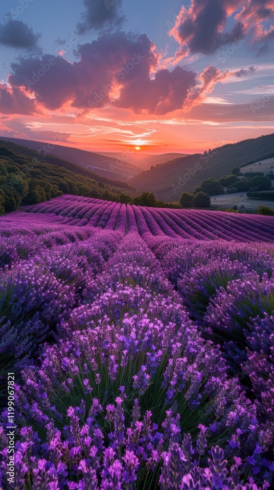 Lavender field with a sunset in the background Lavender field with a sunset in the background