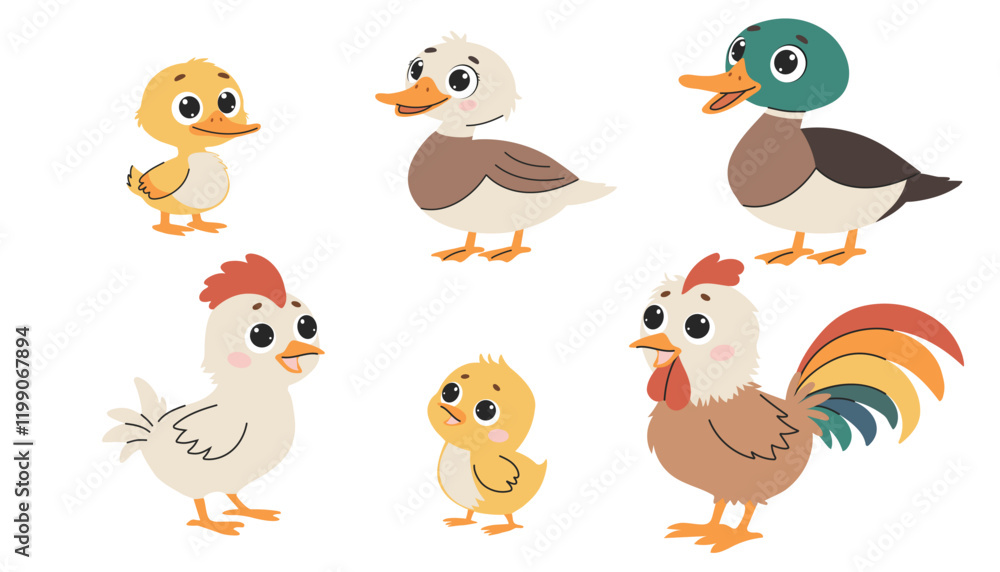 Domestic birds with their children. Chicken, rooster, chicken, duck, duckling, sparrow, duckling. Set of flat vector illustrations on white background. Domestic birds with their children. Chicken, rooster, chicken, duck, duckling, sparrow, duckling. Set of flat vector illustrations on white background.