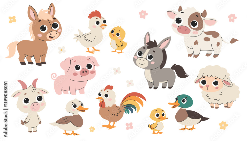 Cute farm animals vector illustration set. Set of flat vector illustration on white background. Domestic farm animals. Cute farm animals vector illustration set. Set of flat vector illustration on white background. Domestic farm animals.