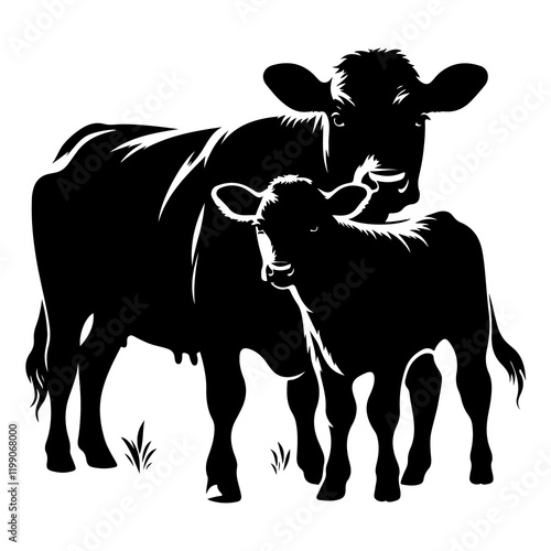 Vector silhouette of a couple of calves on a white background. Symbol of farm animal