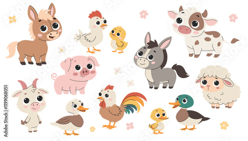 Cute farm animals vector illustration set. Set of flat vector illustration on white background. Domestic farm animals. 