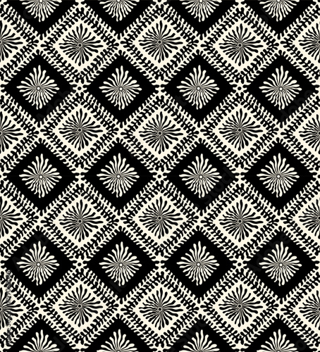 black and white tribal boho hand drawn black and white seafern diamond checks seamless pattern, vector illustration repeat design