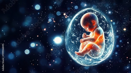 Human embryo shaped like an adorable baby floating among stars and cosmic dust, symbolizing fetus development, womb, gestation, amniotic life, and pregnancy in the universe