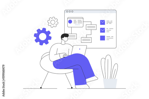 SaaS concept. Character buys software as a service and uses cloud technology to manage files and optimization process. Flat Cartoon Vector Illustration, icon. Stylish abstract Modern