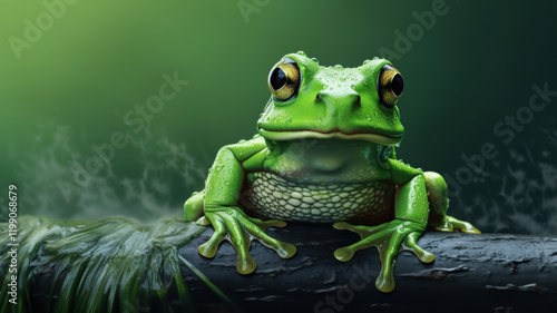 Luminous Green Frog Perched on a Log photo