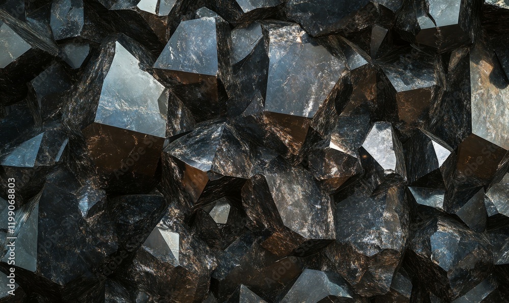 Dark carbon crystals arranged in textured pattern, showcasing their unique shapes and surfaces Dark carbon crystals arranged in textured pattern, showcasing their unique shapes and surfaces