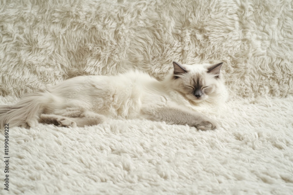 Professional photograph featuring Birman cat lounging on textured rug Professional photograph featuring Birman cat lounging on textured rug