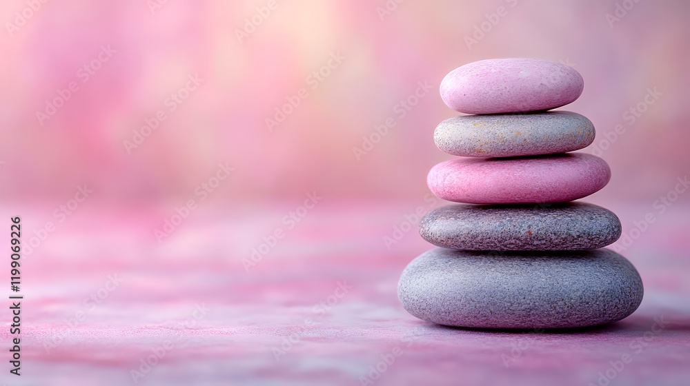 Pink, grey stones stacked, zen balance, pastel background, spa serenity Pink, grey stones stacked, zen balance, pastel background, spa serenity