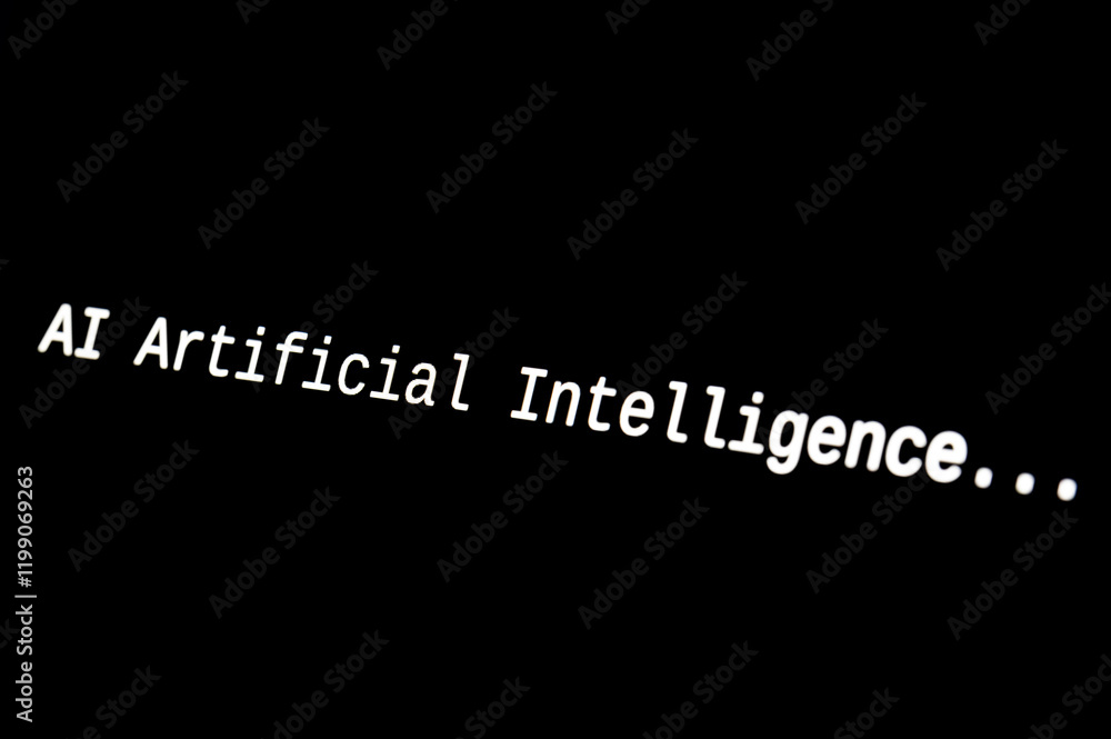 Obraz premium Black computer screen, with the text AI Artificial Intelligence. Use and evolution of artificial intelligence.
