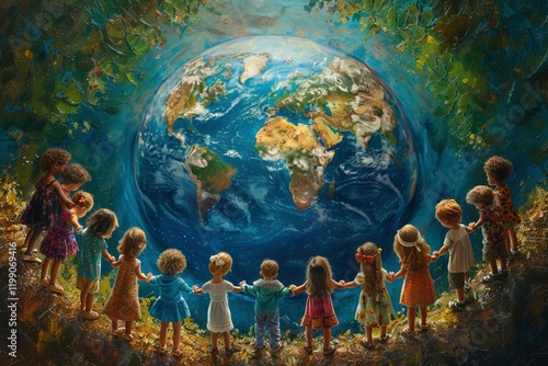 Artistic depiction of Earth surrounded by hands, symbolizing unity, protection, and environmental care.