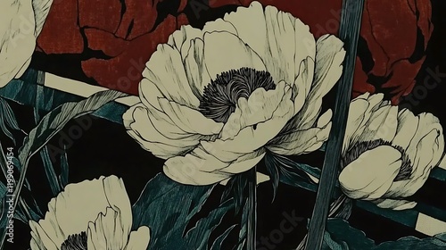 Fototapeta Naklejka Na Ścianę i Meble -  A close-up of an intricate paper-cutting of peonies and butterflies, with delicate lines and vibrant red hues illuminated by light