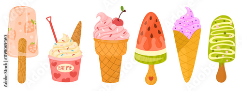 Desserts, ice cream, sweet eating set. Yummy street food, confectionery snacks. Cone waffle with filling, ice cream balls in cup, ice cream in cone. Vector illustrations isolated on white background