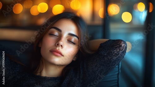Wallpaper Mural A young woman sits comfortably with her eyes closed, enjoying a moment of peace. Soft, warm lights from outside create a tranquil atmosphere in the cozy interior Torontodigital.ca