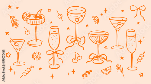 Set of champagne and martini glasses with bows. Hand drawn ink vector illustration. Elements for poster, social media, banners, invitation. Trendy coquette core template.   