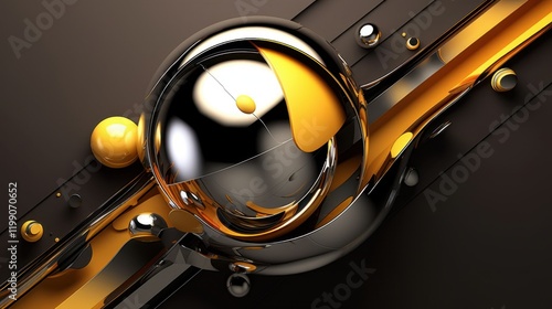 Abstract 3D Render: Chrome Sphere with Golden Accents and Dynamic Curves photo