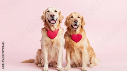 Golden Retrievers Wearing Heart Decorations on Pink Background photo