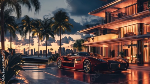 Wallpaper Mural Luxury apartment resort hotel real estate expensive architecture with palm trees and super sport car Torontodigital.ca