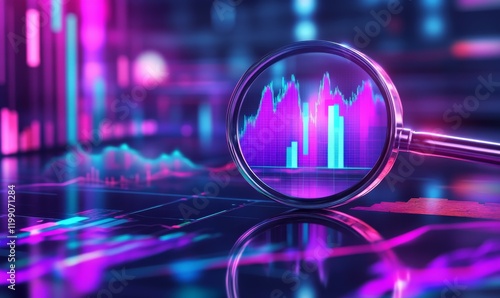 Data analysis, search engine optimization or SEO. magnifier, charts, graphs. ultraviolet and neon screen.