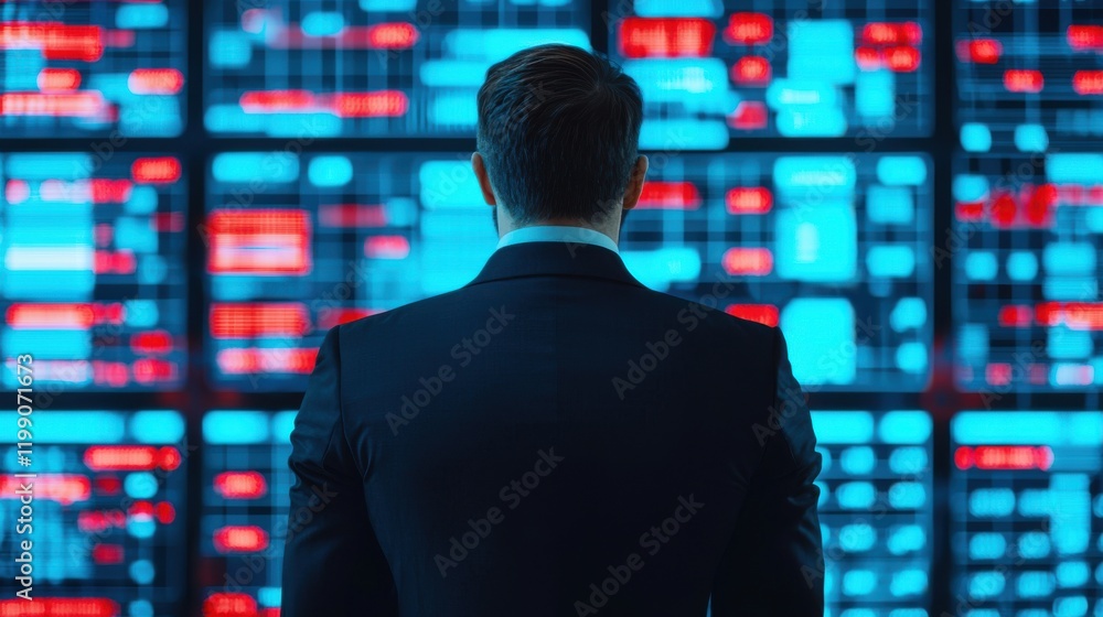 Economic Forecast concept. Businessman Standing on Digital Graph Platforms and Symbols Representing Data and Financial Analytics Economic Forecast concept. Businessman Standing on Digital Graph Platforms and Symbols Representing Data and Financial Analytics